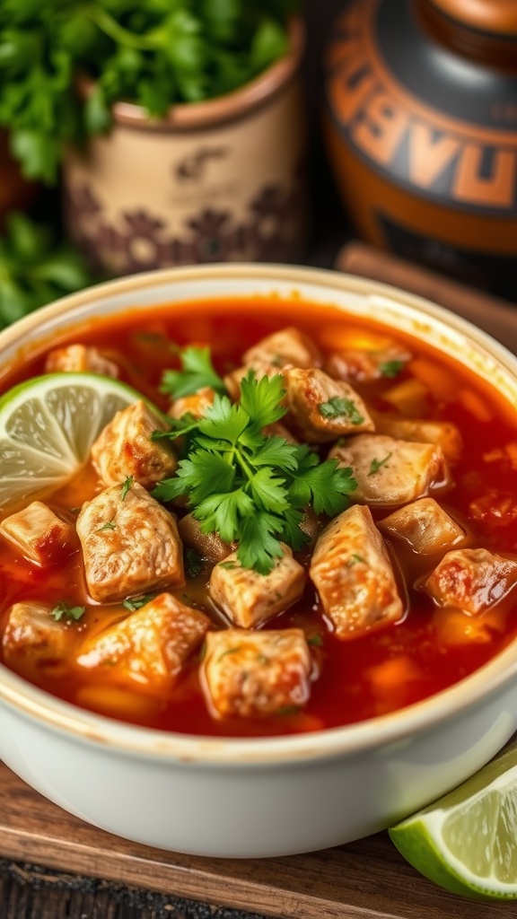 A bowl of pork green chili stew with green chilies and cilantro, set in a rustic kitchen environment.